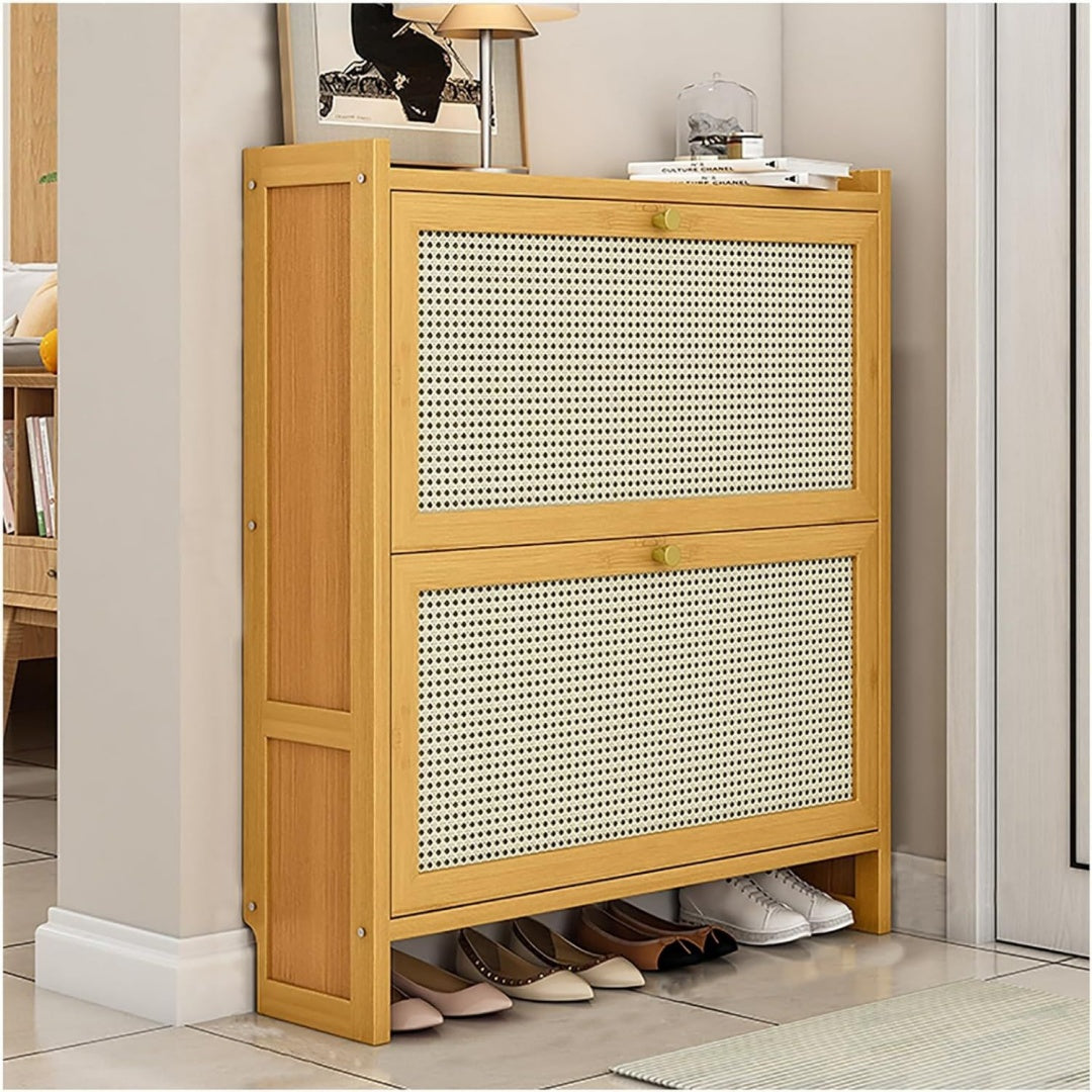 Meuble a chaussures en rotin beige, etageres modulables