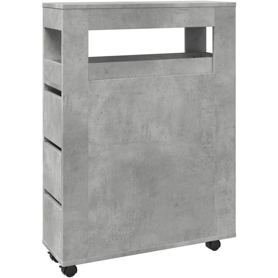 Meuble sur pied design epure, teinte gris, rangement optimise bois d'ingenierie