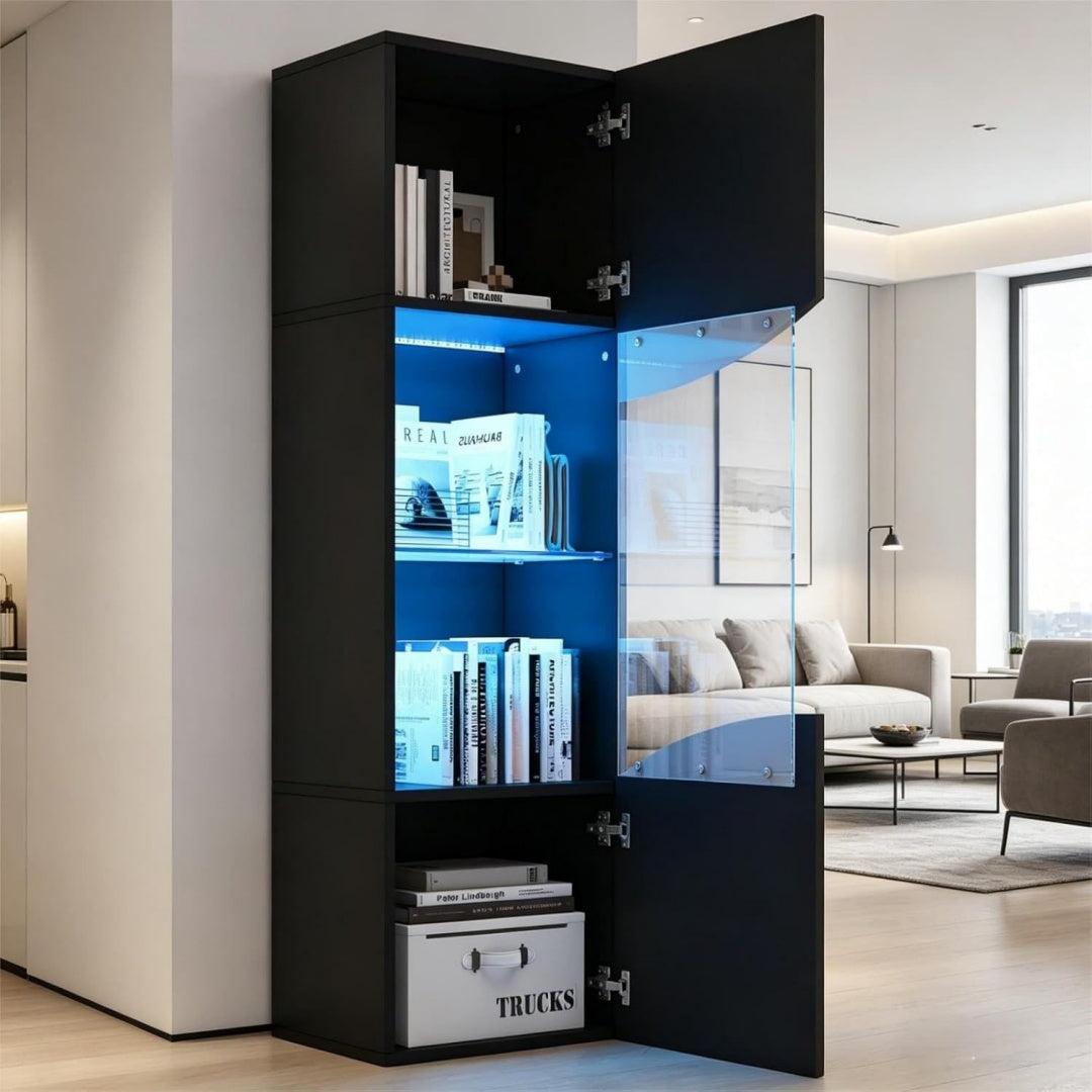 Belle vitrine gris avec plateau en verre trempe avec eclairage LED