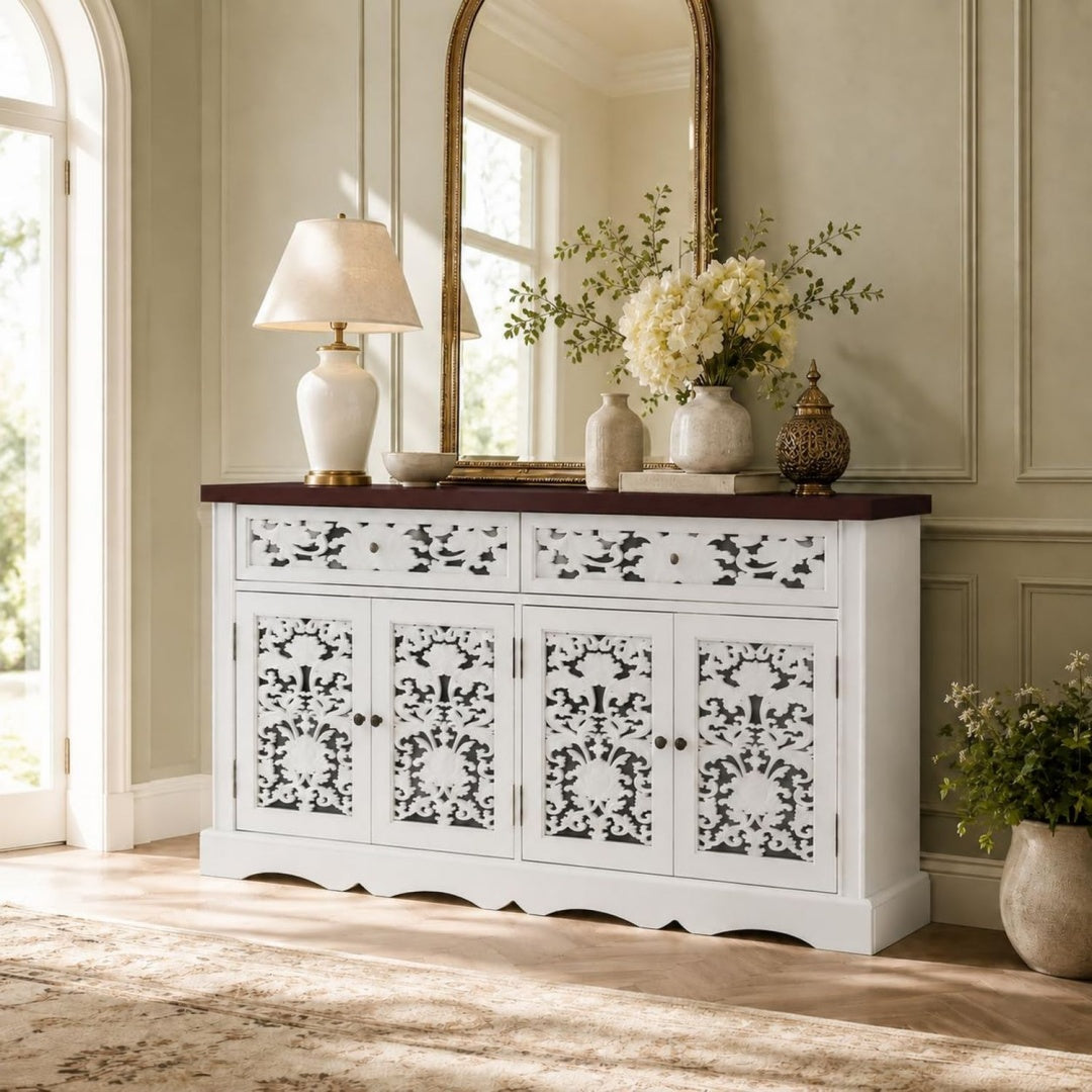 Polyvalent buffet marron en bois massif de chene avec 2 tiroirs