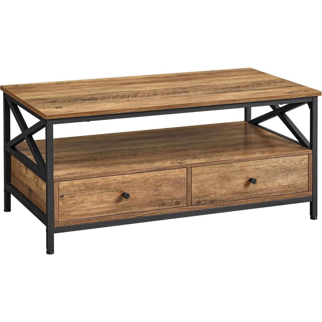 Table de salon marron 2 tiroirs style industriel pratique