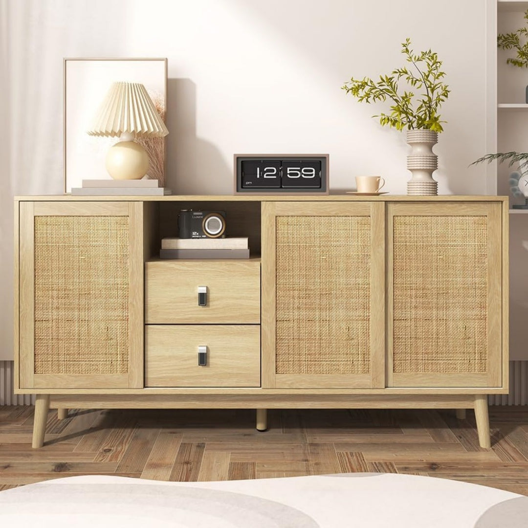 Credence tressage cannage en bois ingenierie beige, a 3 portes 2 tiroirs