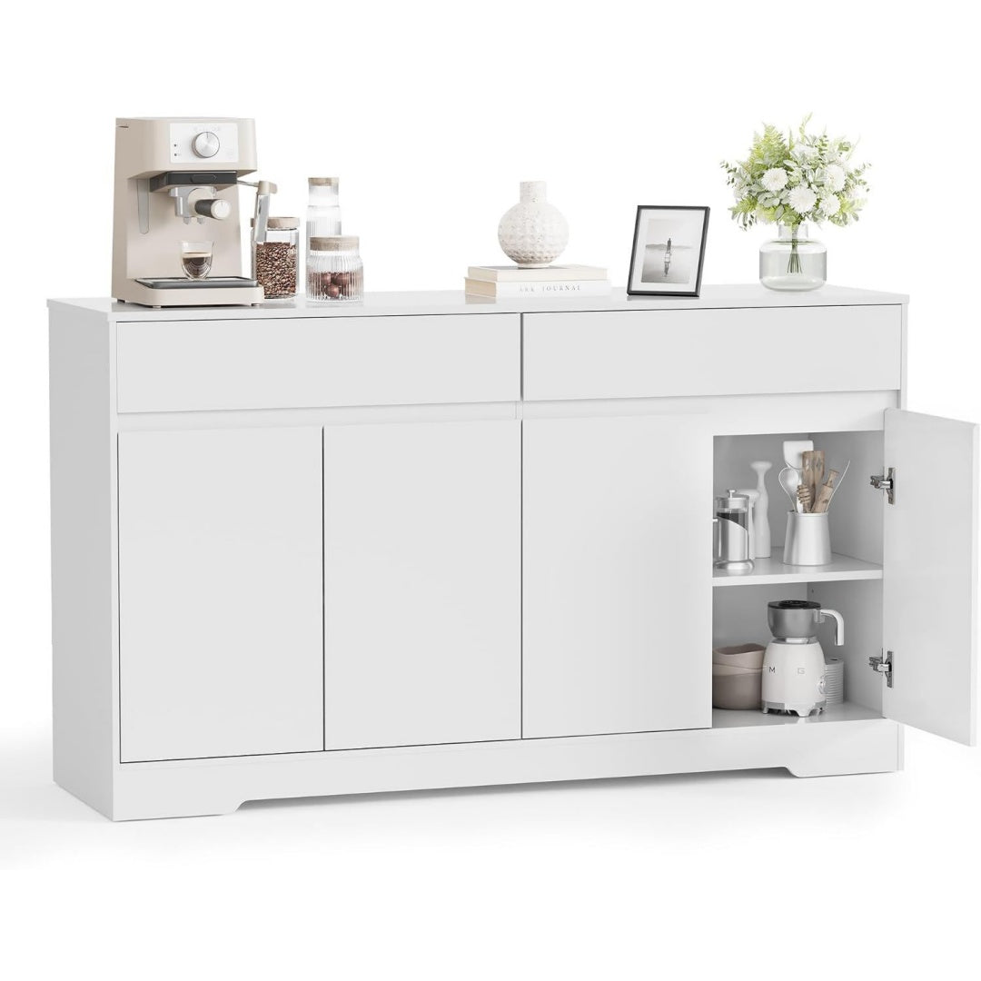 Buffet gris clair 3 etageres ouvertes, a 4 portes 2 tiroirs