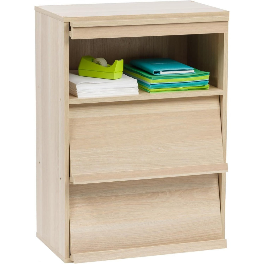 Bibliotheque en bois teinte creme, trois portes